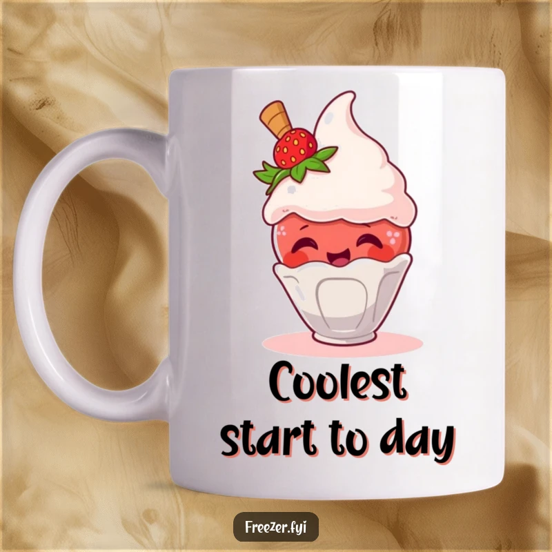 Funny mug showing a giggling strawberry character joyfully escaping a frosty ice cream scoop, a hilarious and sweet design.