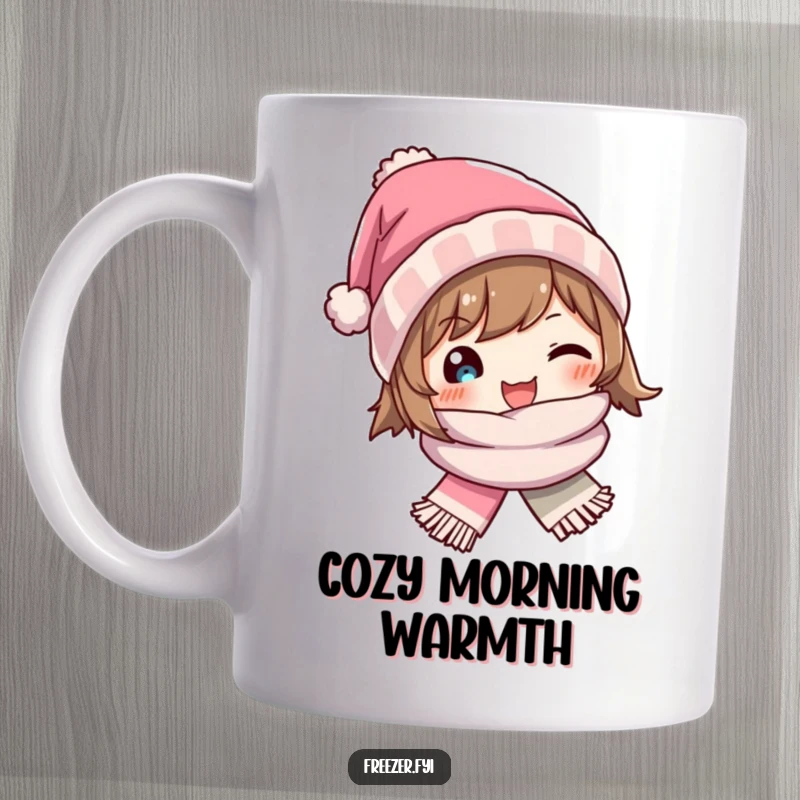 Funny mug featuring a character beaming with joy while wearing a miniature winter hat and scarf, embodying cozy cheerfulness.