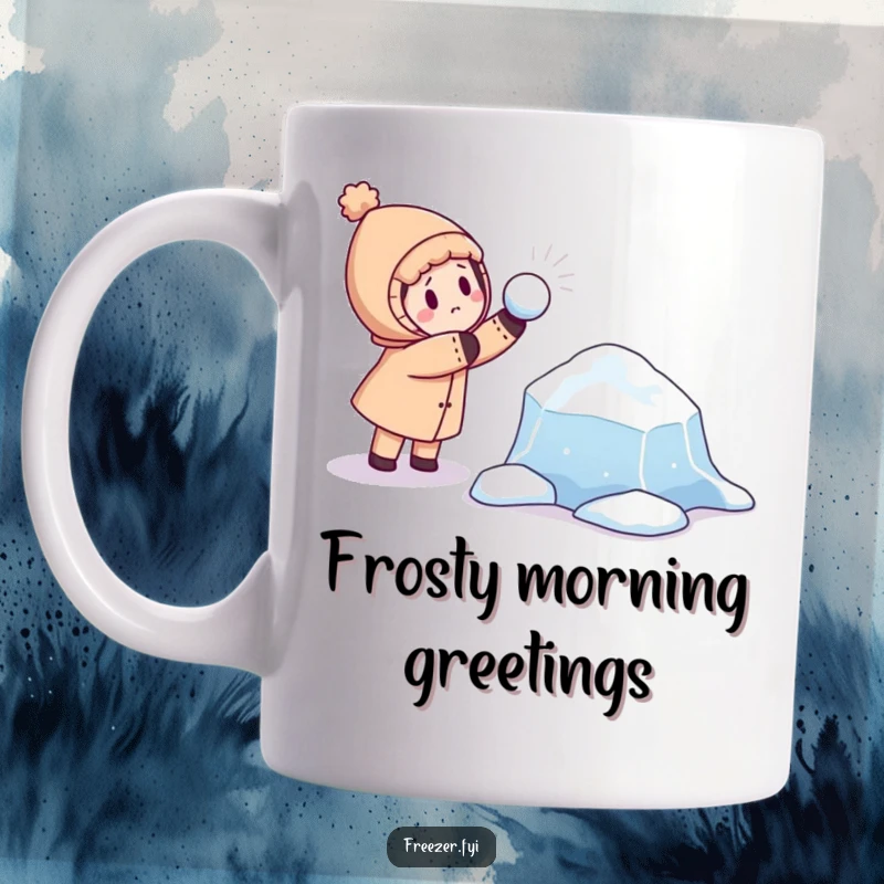 Funny mug showing a character playfully throwing a snowball at a curious, floating ice floe, capturing a moment of winter mischief.