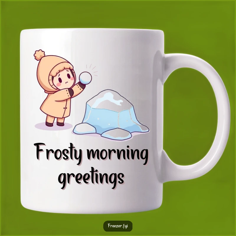 Funny Winter Fun Mug: Playful Character Hurls Snowball at Curious Ice Floe