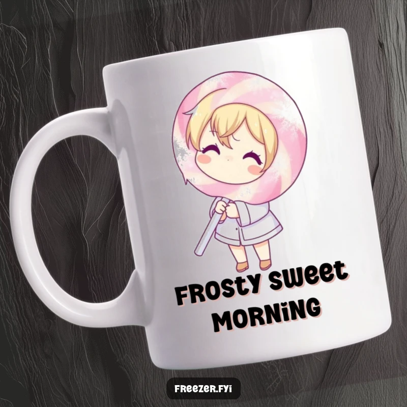 Funny mug with a character shivering while holding a massive, ice-covered lollipop, looking comically challenged by the sweet treat.