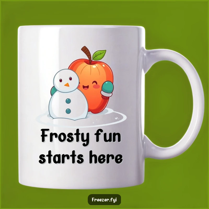 Funny Apple Snowman Building Mug: Adorable Fruit Winter Scene, Perfect Cozy Gift