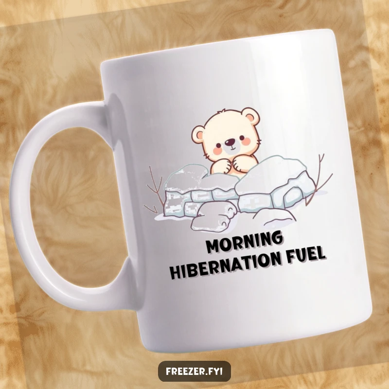 Funny Mug: A small, cute bear cub is depicted enthusiastically building a snow fort with little paws, snow flying around.