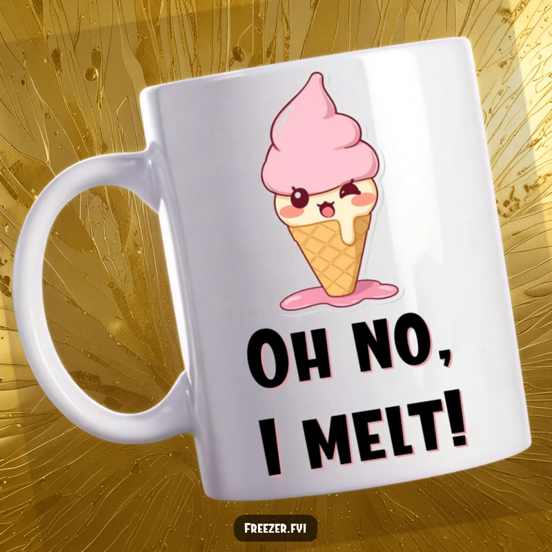 Funny ice cream cone mug featuring a cute, bewildered character melting slightly with surprise, offering sweet, humorous moments.