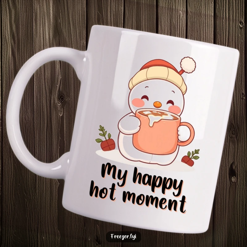 Funny mug with a content snowman character happily sipping hot cocoa from a large mug, embodying cozy winter bliss.