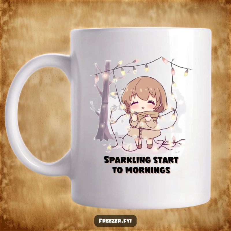 Funny mug showing a character tangled in fairy lights in a cold environment, a humorous holiday gift.