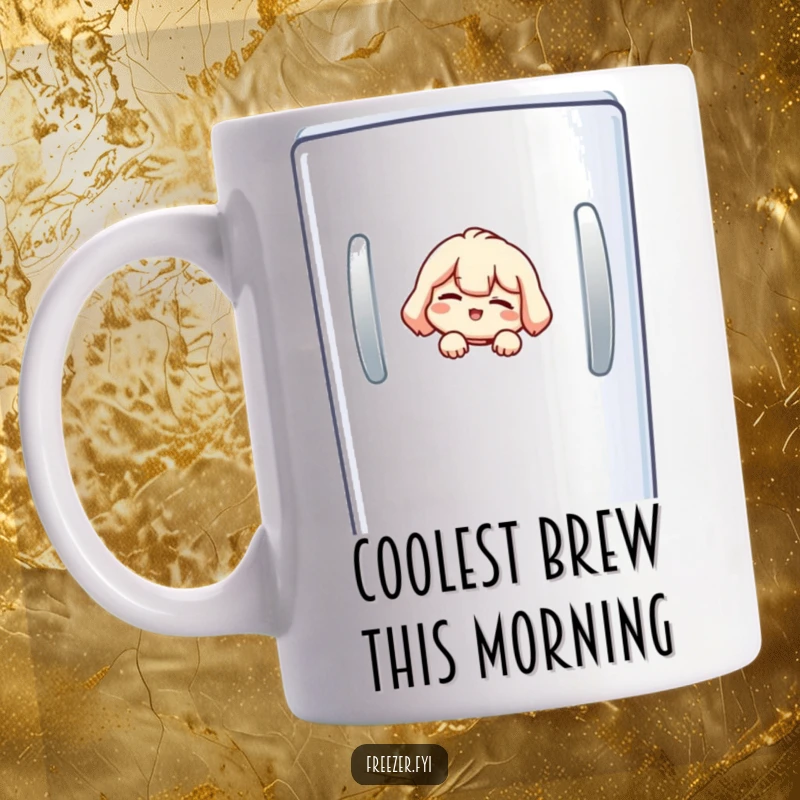 Funny freezer mug featuring a small character peeking out from a freezer door, giving a cheeky wink.