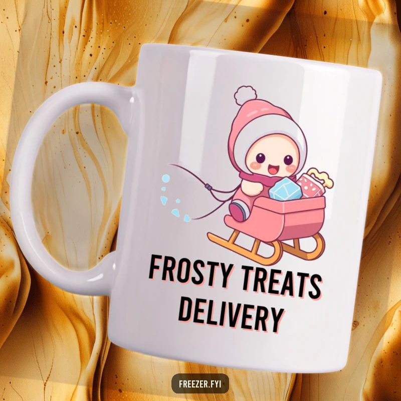 Funny mug depicting a character gleefully pulling a sled piled high with frosty treats, embodying winter's bounty and joy.