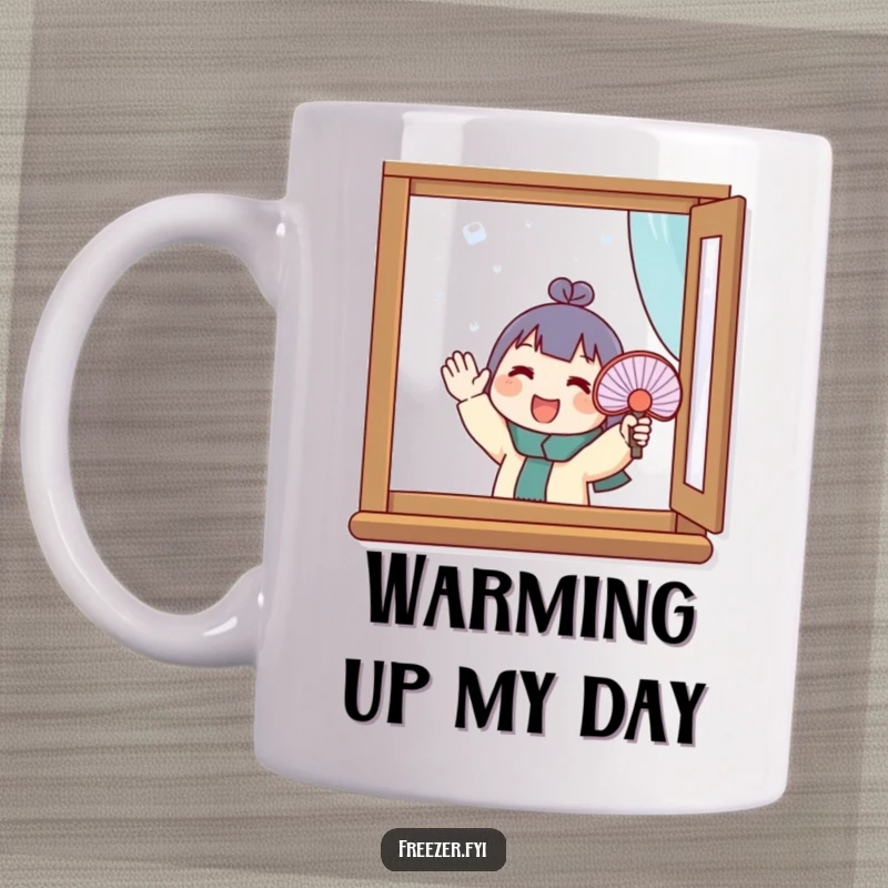 Funny mug showing a character enthusiastically waving a small fan at a frosty window, trying to bring warmth.