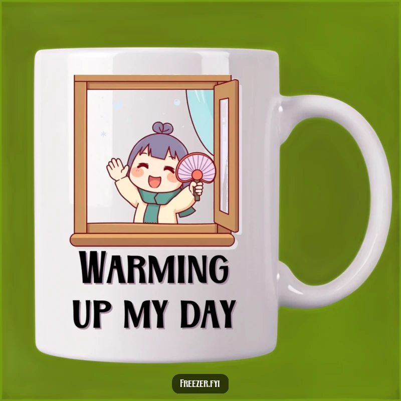 Funny Frosty Window Fan Mug: Character's Enthusiastic Warmth Gag Gift