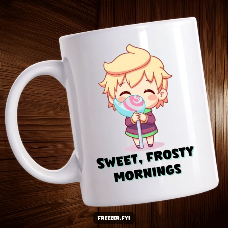 Funny mug featuring a character gleefully spinning a frozen lollipop stick, embodying pure, unadulterated joy and sweet delight.