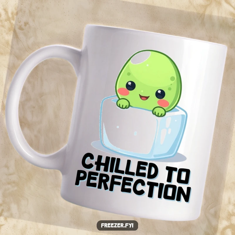 Funny frozen pea mug featuring a smiling character peeking from a tiny ice cube, offering cool, veggie-themed humor.