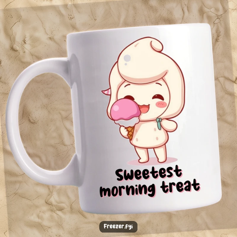 Funny mug featuring a character beaming with joy while holding a single, perfect scoop of ice cream, symbolizing sweet delight.