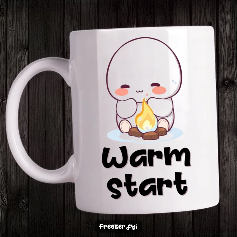 Funny mug shows a cheerful, rosy-cheeked character happily warming their hands by a small, glowing fire made of ice, radiating cozy warmth.