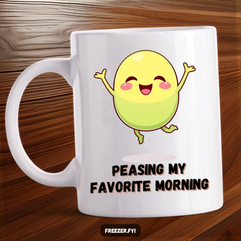 Funny pea pod mug featuring a cheerful character mid-silly jump, radiating pure joy and playful energy.
