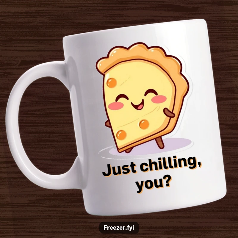 Funny pie slice mug featuring a happy character smiling warmly from a cold surface, a delightful gift for dessert lovers.