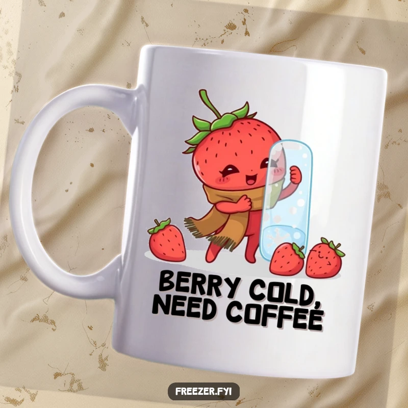 Funny mug featuring a determined strawberry wearing a scarf, struggling mightily to open a frozen jar, embodying winter frustration.