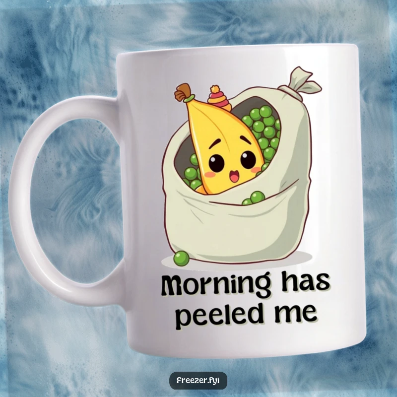 Funny banana mug with a surprised expression and tiny hat, peeking from behind a giant bag of peas, delightful.