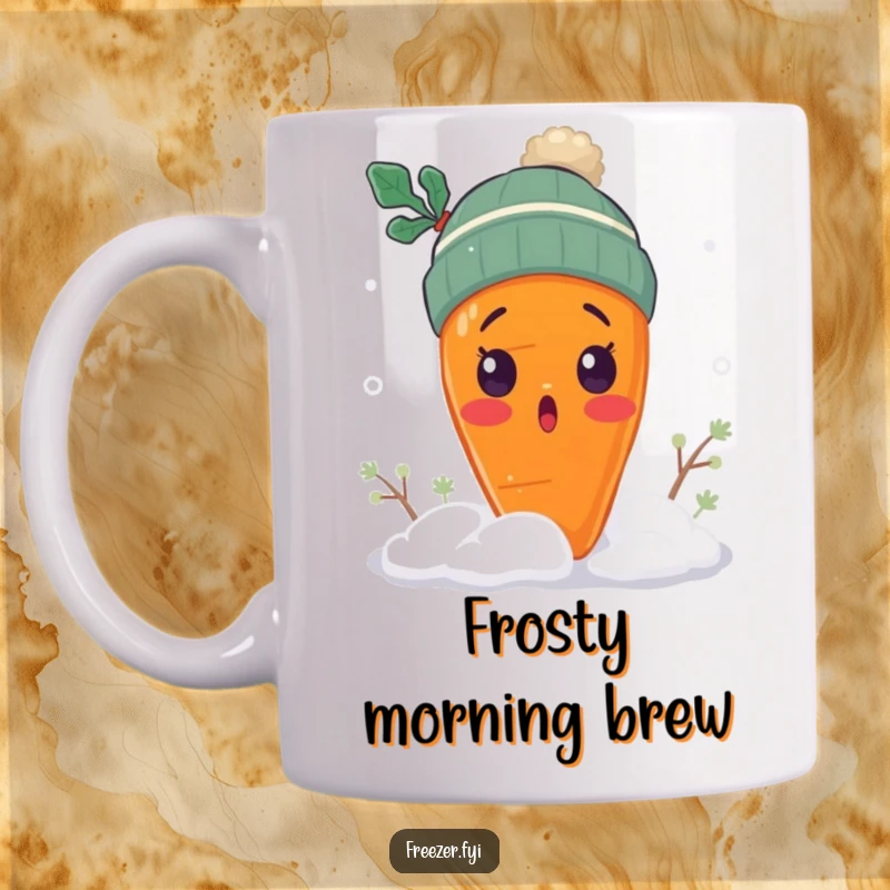 Funny surprised carrot mug with a carrot wearing a tiny winter hat, shivering in snow, ideal winter veggie humor gift.