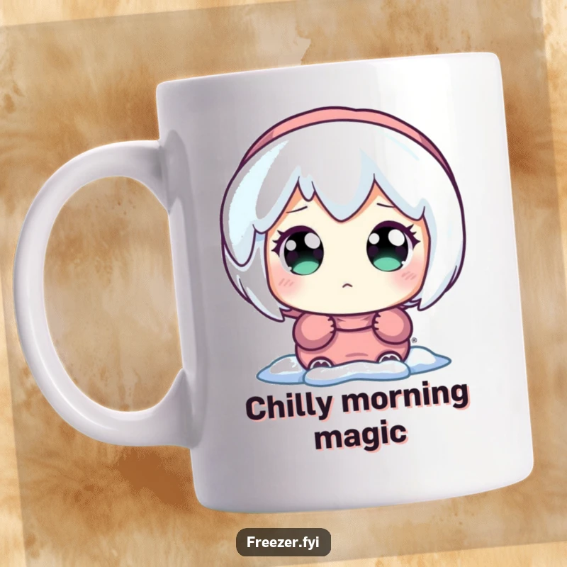 Funny mug featuring a character with wide, amazed eyes gazing up at a brilliantly glowing icicle, capturing winter enchantment.