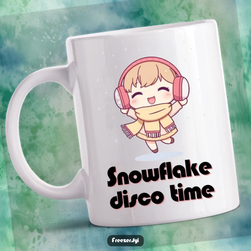 Funny mug showing a cheerful character in earmuffs and scarf, happily dancing with eyes closed amidst softly falling snowflakes.
