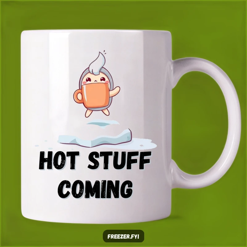 Funny Frosty Fun Mug: Excited Character Hops with Steaming Mug