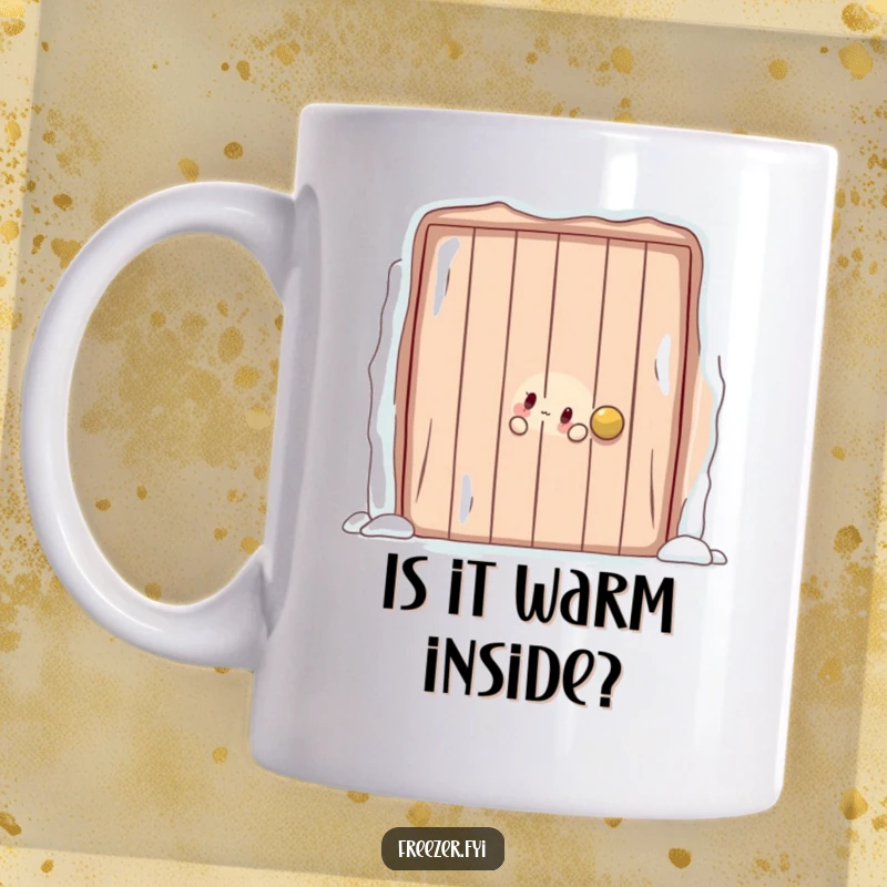 Funny mug showing a character playfully peeking out from behind a large, frosty door, hinting at hidden fun and surprises.
