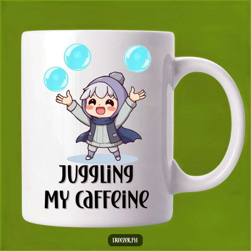 Funny Ice Juggler Mug: Excited Character with Glowing Orbs, Magical Humorous Gift