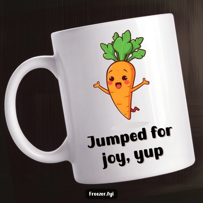 Funny mug depicting a cheerful carrot stick character mid-air in a surprised little jump, full of energetic fun.