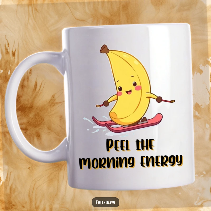 Funny mug featuring a giggling banana peel wearing tiny skis, zipping downhill with pure joy on a frosty, snow-covered slope.