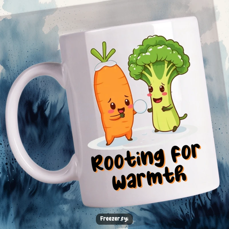 Funny mug depicting a cheerful carrot throwing snowballs at a bewildered broccoli floret in a funny veggie fight.
