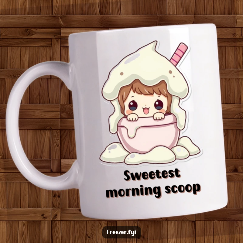 Funny mug featuring a character curiously peeking from an overflowing ice cream tub, embodying sweet indulgence and hidden delights.