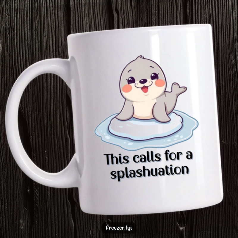 Funny seal character gleefully sliding on a frozen puddle, a wide grin on its face, perfect for a humorous mug.
