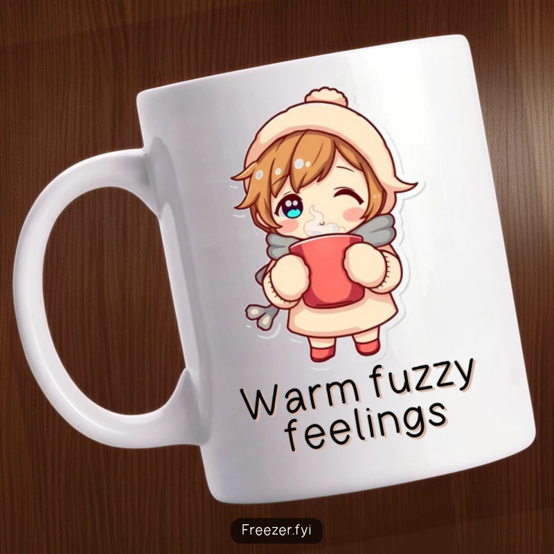 Funny mug showing a character wearing mittens, holding a steaming mug, radiating ultimate cozy vibes and winter warmth, perfect for relaxation.