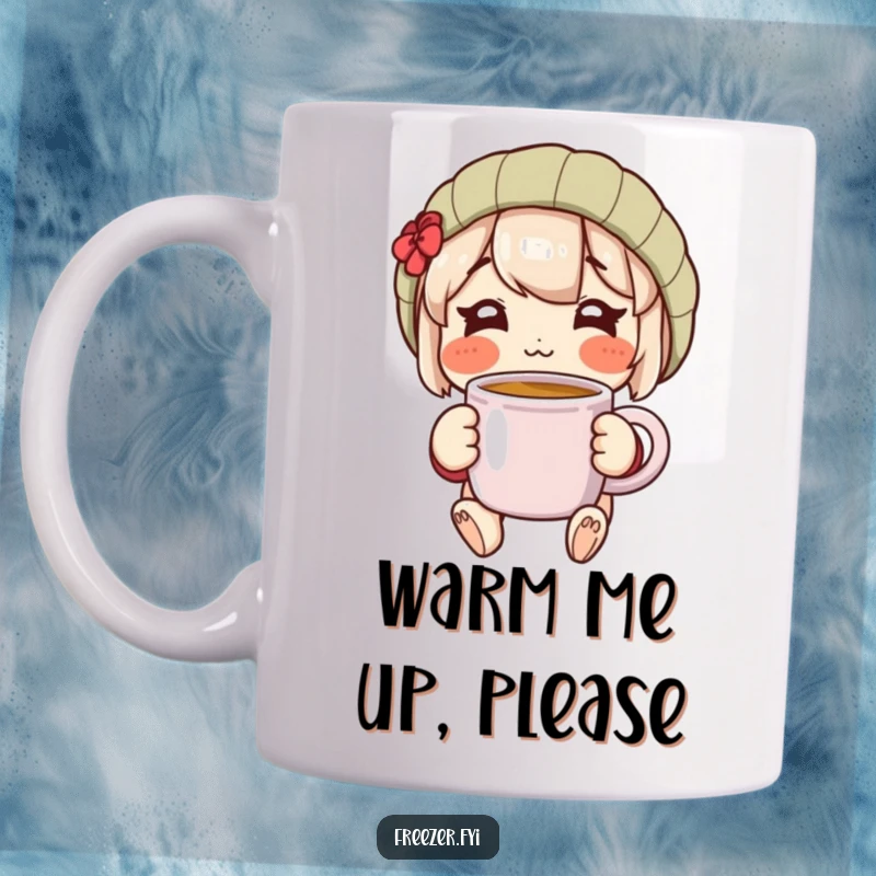 Charming mug with a rosy-cheeked character happily holding a warm mug, exuding comfort and delightful coziness.