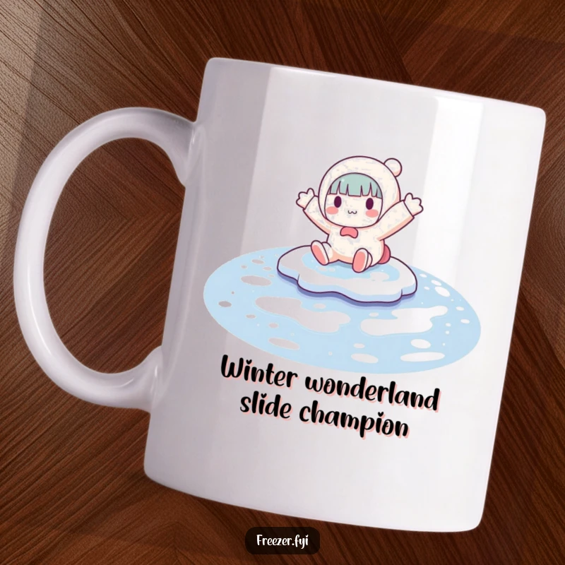 Funny mug showing a cartoon character sliding uncontrollably on a frozen puddle, arms flailing in a comical, joyful winter mishap.