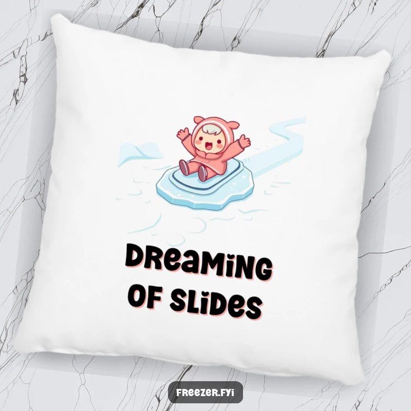 Funny pillow featuring a character sliding happily on ice with arms spread wide. Soft and humorous decor for a cozy space.