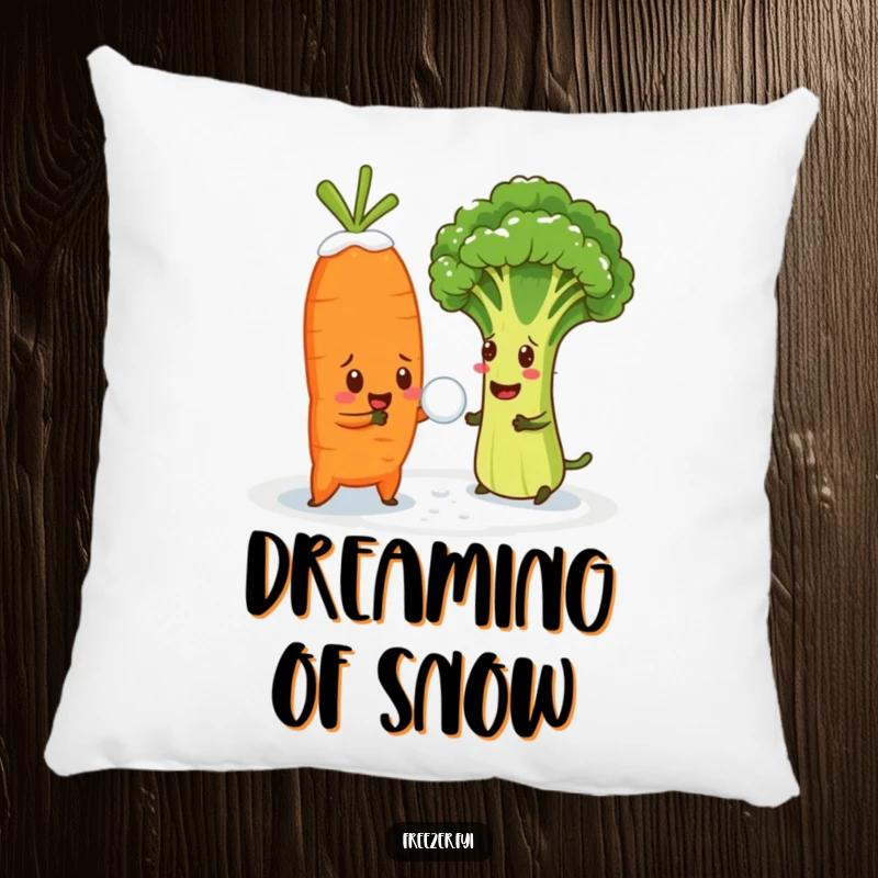 Funny pillow depicting a cheerful carrot throwing snowballs at a bewildered broccoli floret, soft and humorous.