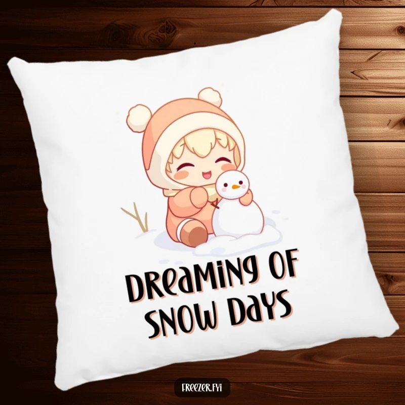 Funny pillow featuring a character gleefully attempting to build a tiny snowman inside, providing soft comfort and a humorous visual.