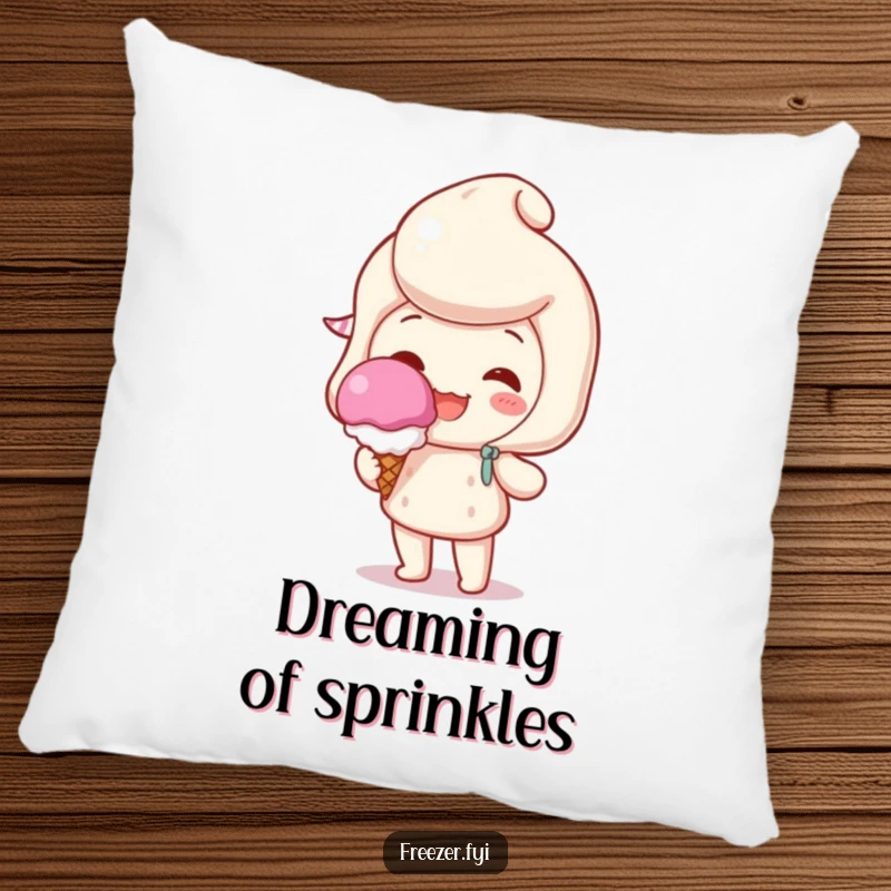Funny pillow with a beaming character holding a single, perfect scoop of ice cream, offering soft comfort and sweet humor.