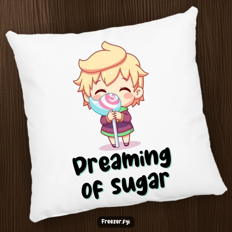 Funny pillow with a character joyfully spinning a frozen lollipop stick, offering a comfortable and humorous sweet-themed decorative accent.