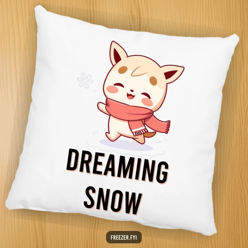 Funny pillow featuring a scarf-wearing character gleefully chasing a snowflake, offering soft comfort and a whimsical design.