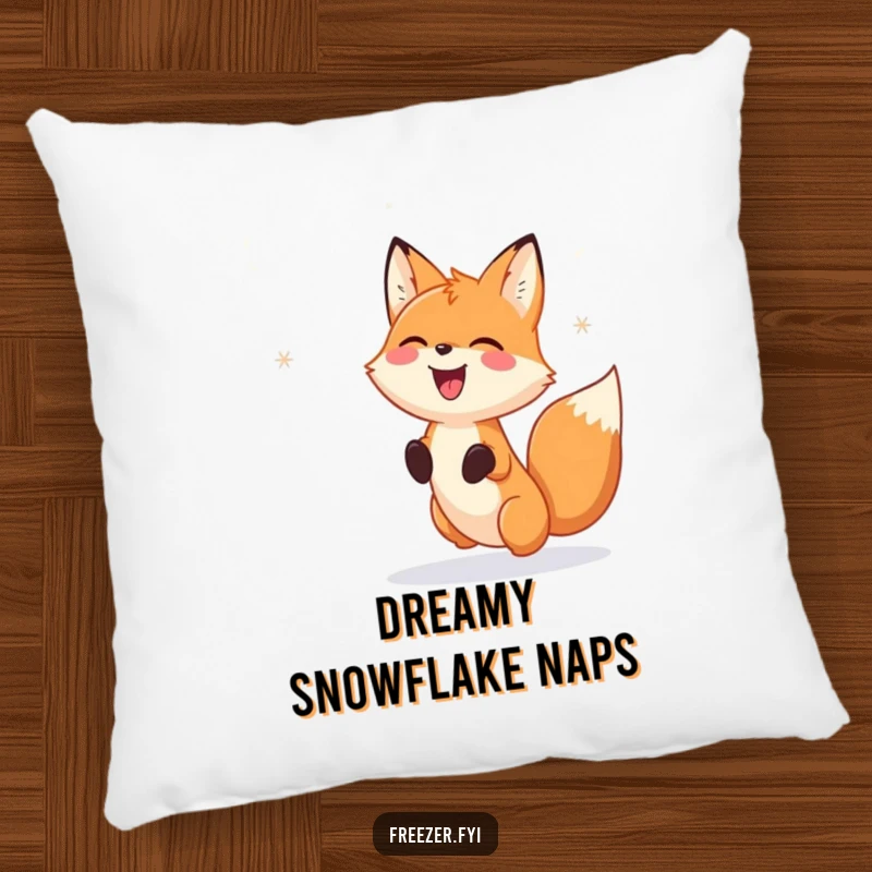 Funny Pillow: A comfortable pillow adorned with a happy fox gleefully chasing falling snowflake patterns, adding a touch of winter humor.