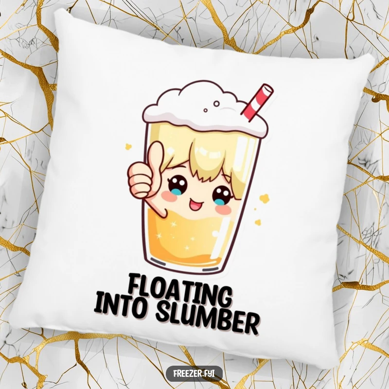 Funny pillow with a character giving a thumbs up from inside a frosty beverage, offering a comfortable and humorous decorative accent.
