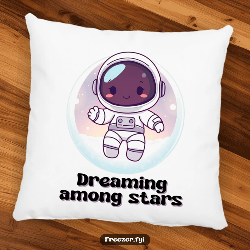 Funny pillow featuring a happy astronaut character inside a frosty, glowing orb, bringing cozy celestial vibes indoors.