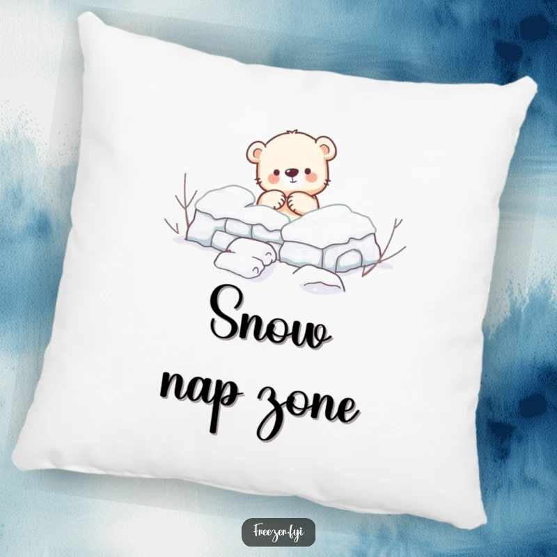 Funny Pillow: A comfortable pillow adorned with a small bear cub enthusiastically building a snow fort, adding a touch of winter humor.