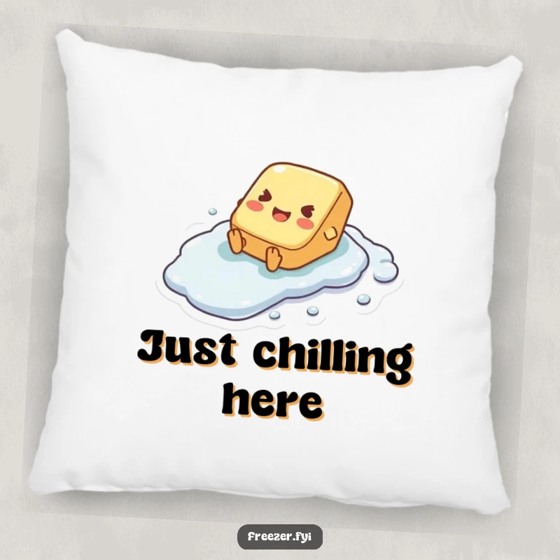 Funny pillow showing a tiny butter pat character joyfully sliding down a cold, frosty surface, full of exhilaration.