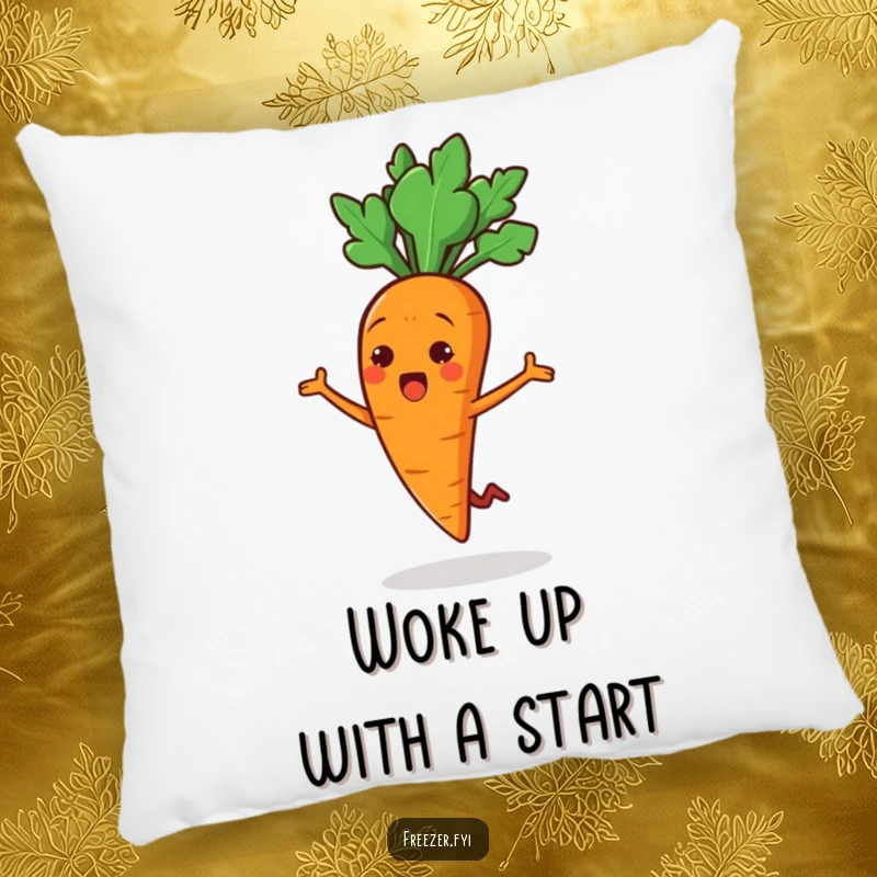 Funny pillow with a cheerful carrot stick character doing a surprised little jump, offering comfort and a humorous surprise element.