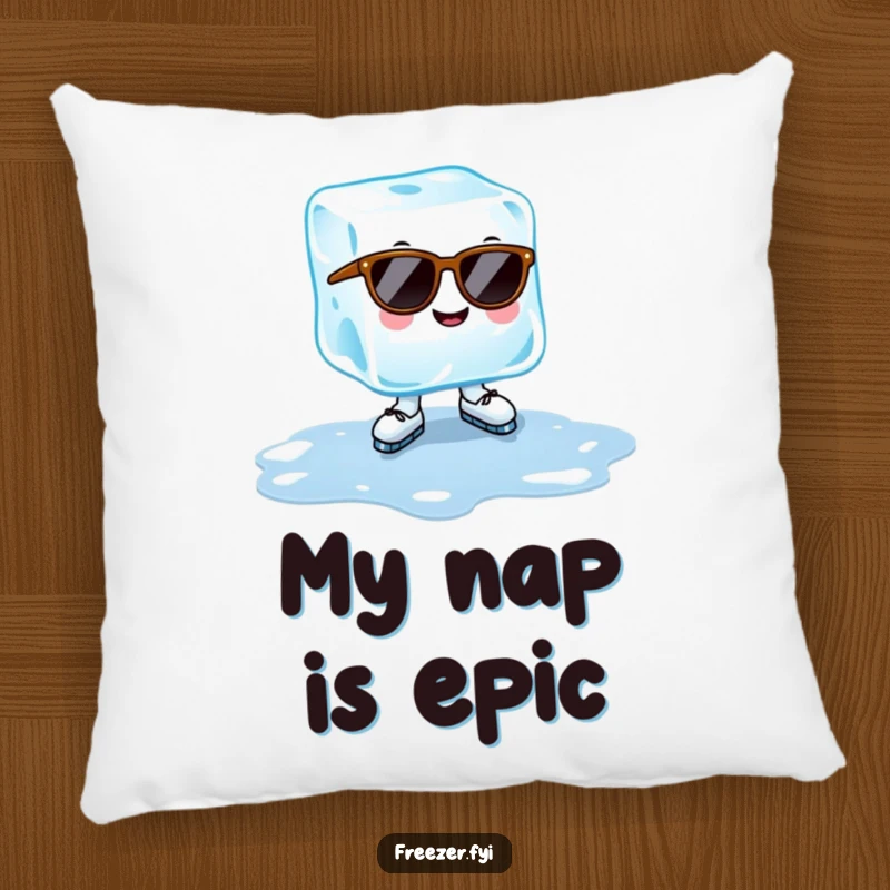 Funny ice cube pillow with a cheerful ice cube wearing sunglasses, ice-skating on a puddle, cool summer comfort gift.