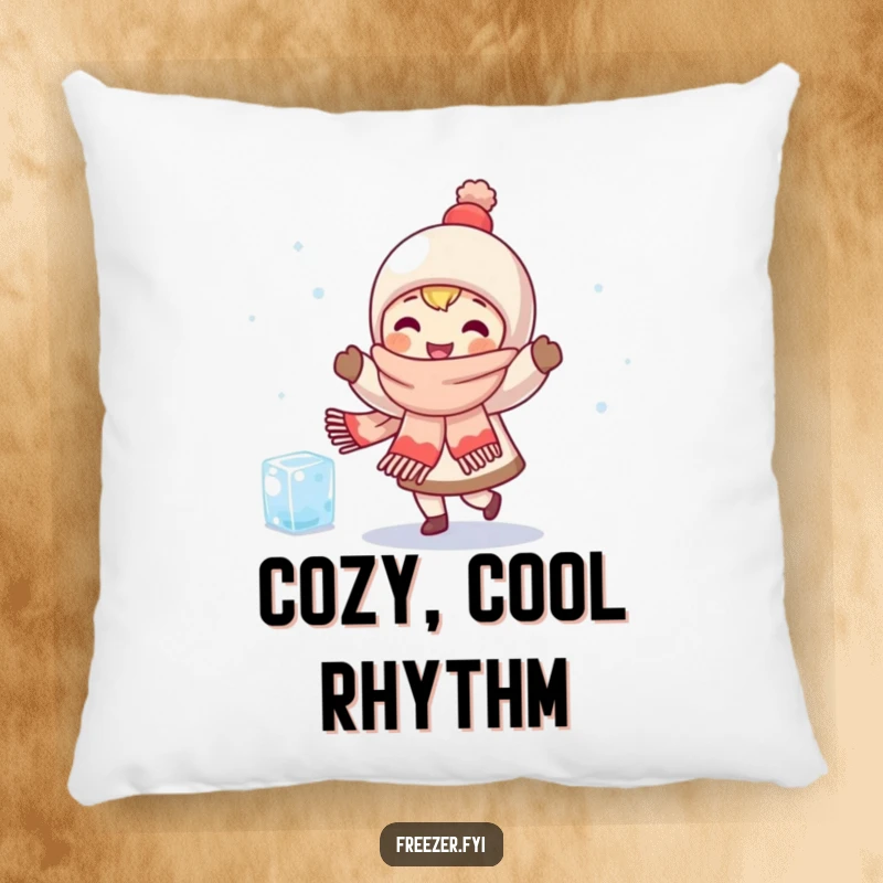 Funny pillow featuring a character in a scarf happily dancing with a small, shivering ice cube, perfect for cozy, humorous comfort.